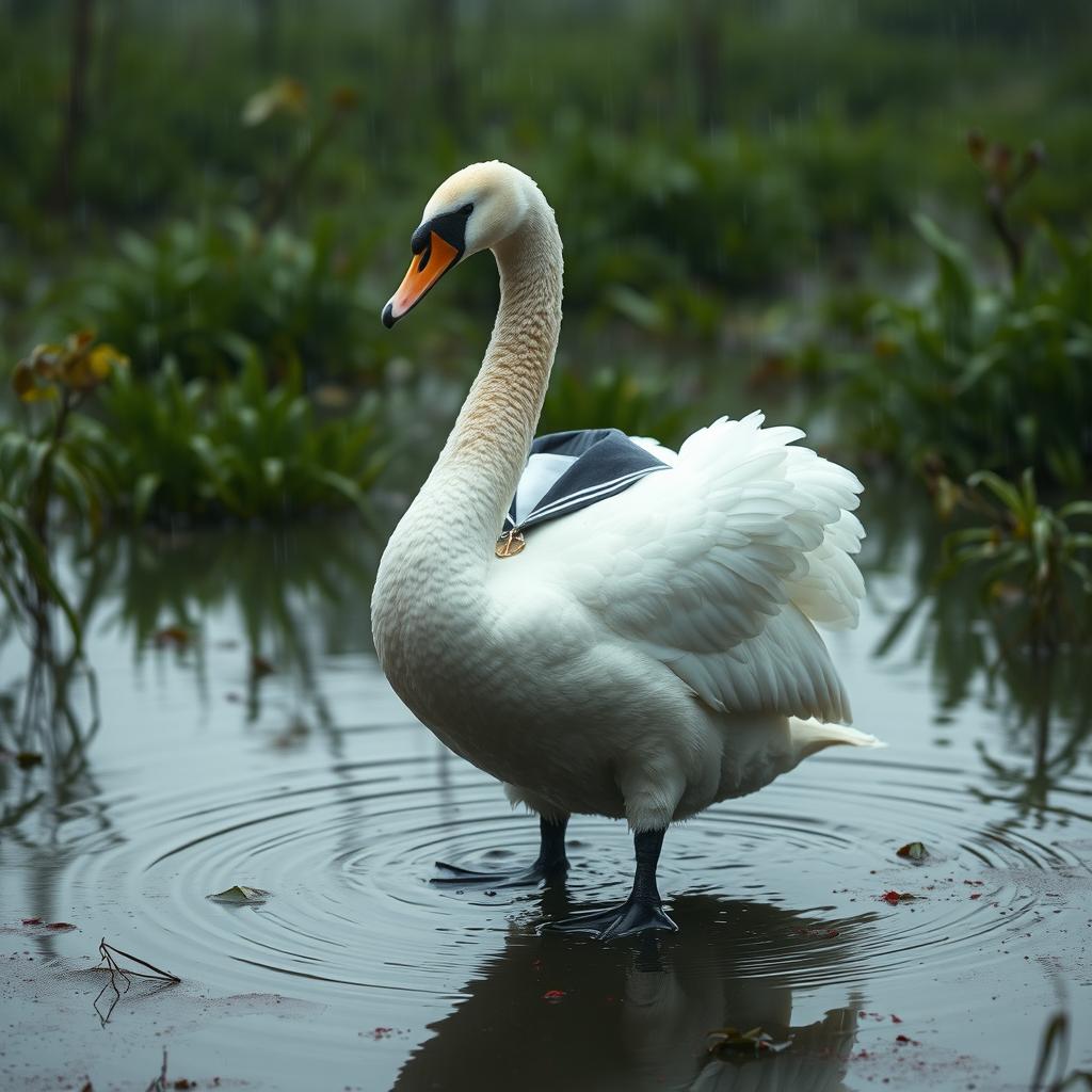 A majestic white swan standing gracefully in a murky swamp during a gentle rain