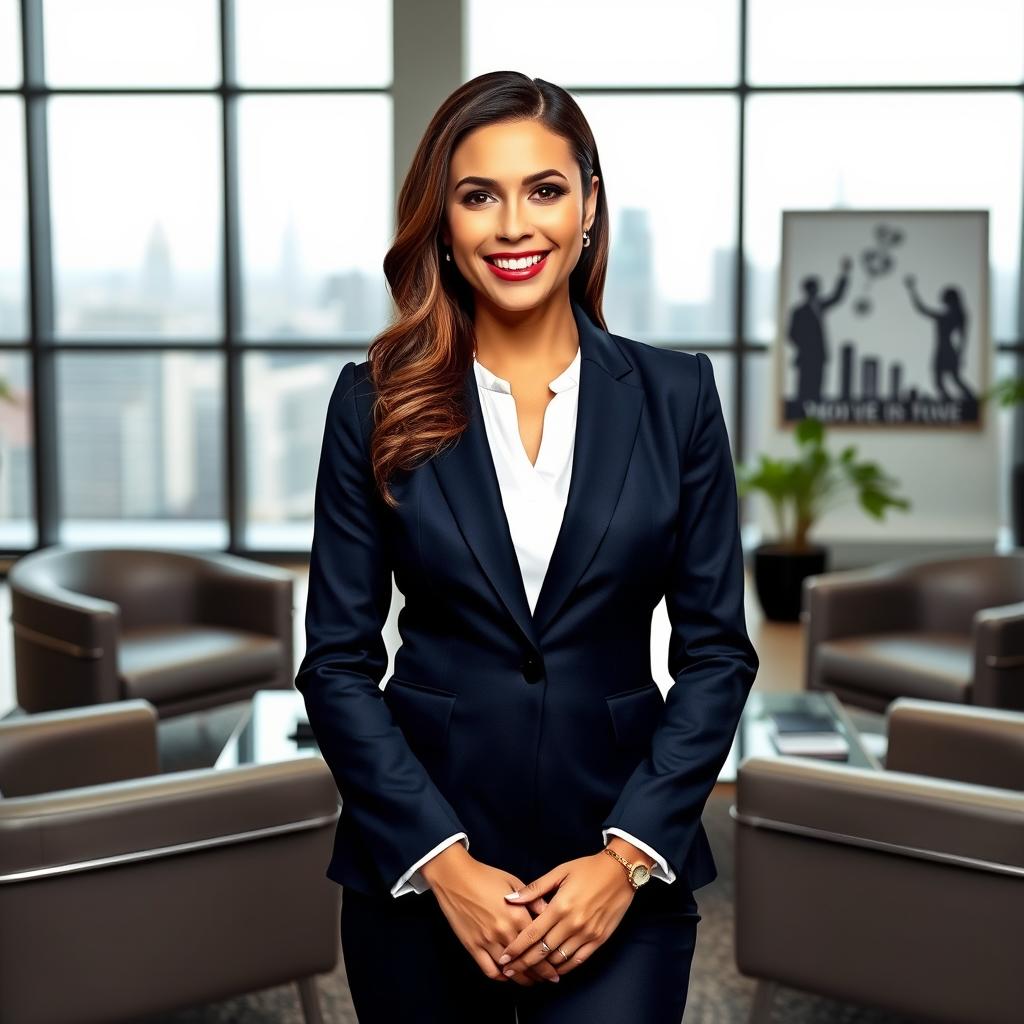 A poised Christian female corporate professional in a sophisticated office setting