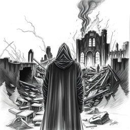 A haunting black and white drawing that captures a solitary man in a hooded cloak, standing with his back to the viewer as he gazes upon the ruins engulfed in flames