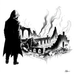 A haunting black and white drawing that captures a solitary man in a hooded cloak, standing with his back to the viewer as he gazes upon the ruins engulfed in flames