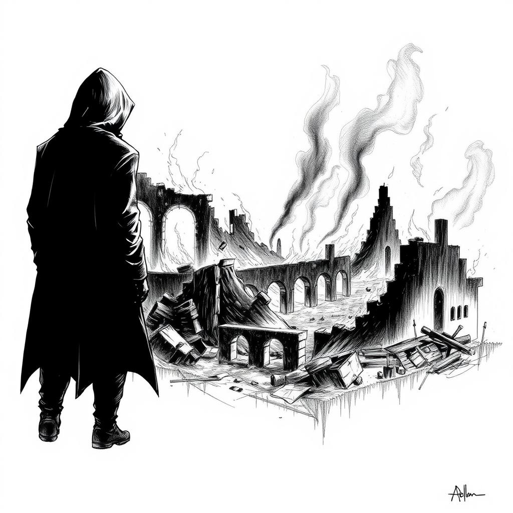 A haunting black and white drawing that captures a solitary man in a hooded cloak, standing with his back to the viewer as he gazes upon the ruins engulfed in flames