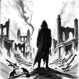 A haunting black and white drawing that captures a solitary man in a hooded cloak, standing with his back to the viewer as he gazes upon the ruins engulfed in flames