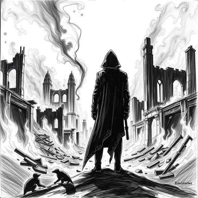 A haunting black and white drawing that captures a solitary man in a hooded cloak, standing with his back to the viewer as he gazes upon the ruins engulfed in flames