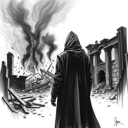 A haunting black and white drawing that captures a solitary man in a hooded cloak, standing with his back to the viewer as he gazes upon the ruins engulfed in flames