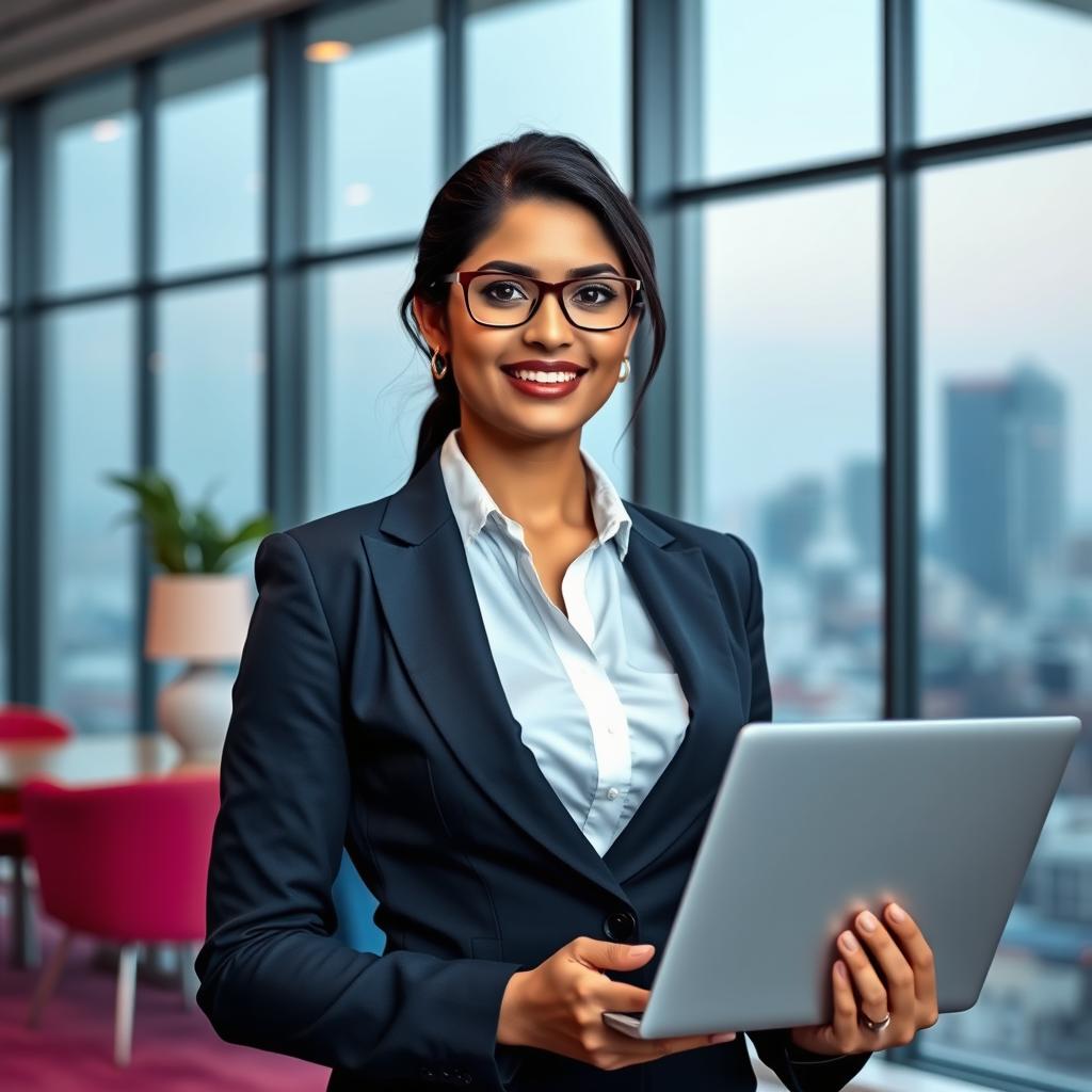 A confident corporate Indian female executive in a sleek modern office setting