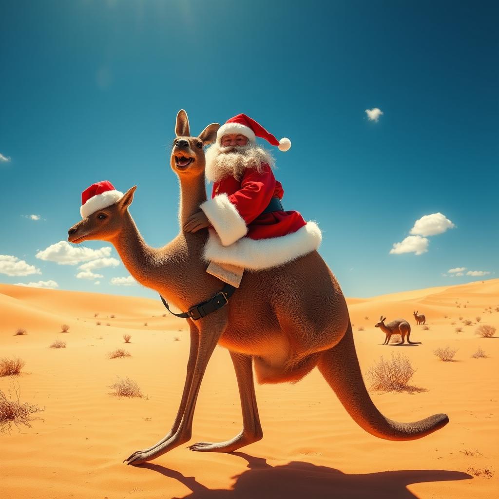A whimsical scene featuring Santa Claus in a traditional red suit with white fur trim, joyfully riding on the back of a large kangaroo across a sunlit desert landscape