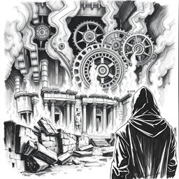 A dramatic black and white drawing featuring a man in a hooded cloak, observed from the back as he gazes intently at ancient ruins engulfed in flames