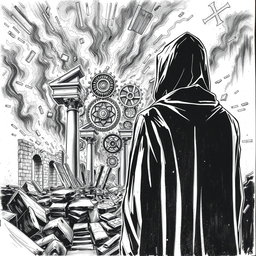 A dramatic black and white drawing featuring a man in a hooded cloak, observed from the back as he gazes intently at ancient ruins engulfed in flames