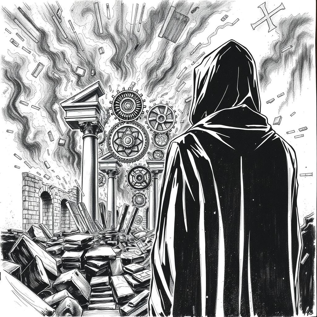 A dramatic black and white drawing featuring a man in a hooded cloak, observed from the back as he gazes intently at ancient ruins engulfed in flames