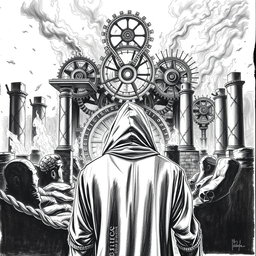 A dramatic black and white drawing featuring a man in a hooded cloak, observed from the back as he gazes intently at ancient ruins engulfed in flames