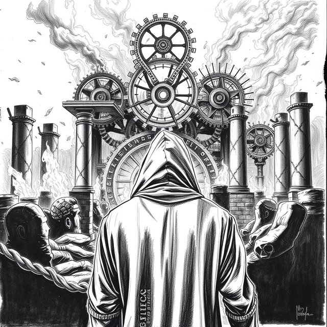 A dramatic black and white drawing featuring a man in a hooded cloak, observed from the back as he gazes intently at ancient ruins engulfed in flames