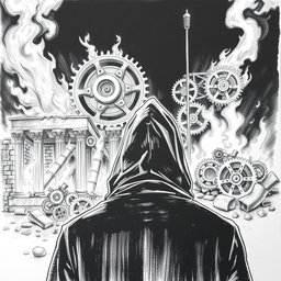 A dramatic black and white drawing featuring a man in a hooded cloak, observed from the back as he gazes intently at ancient ruins engulfed in flames