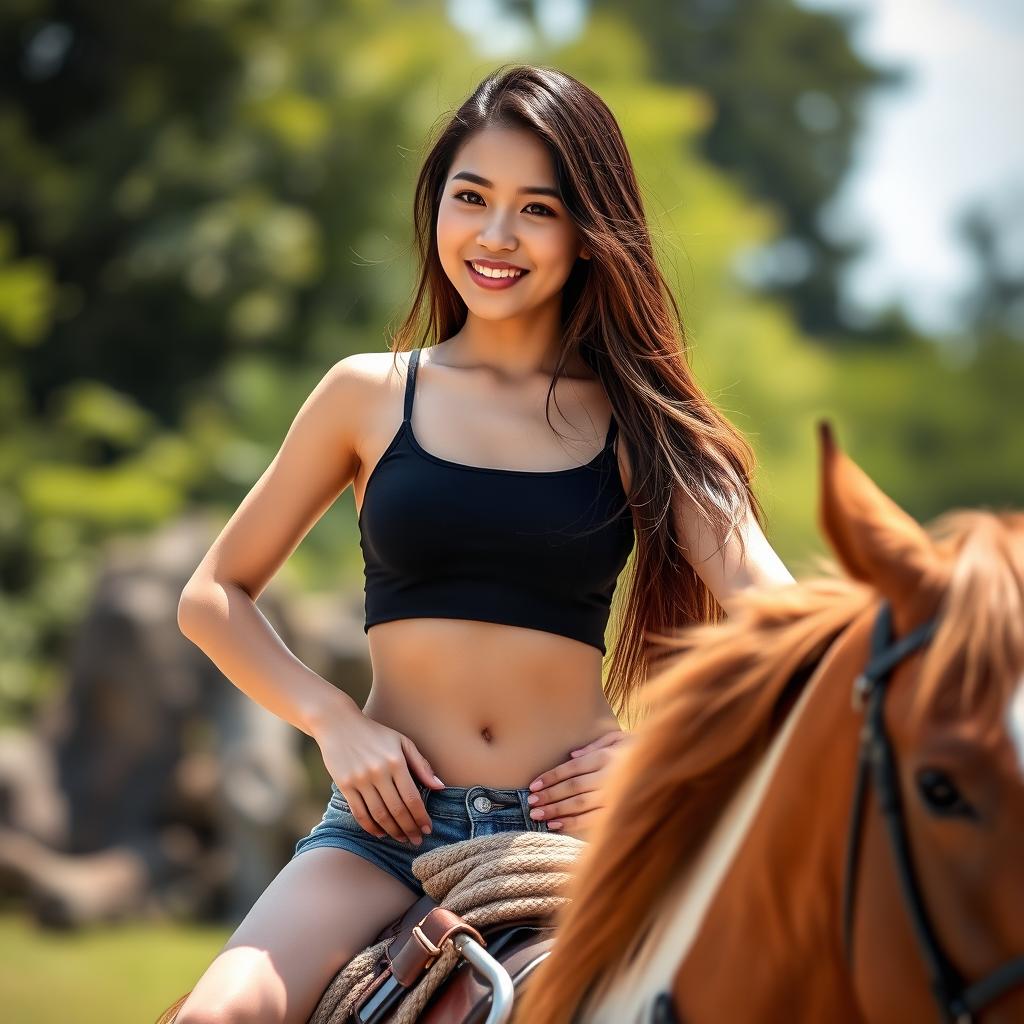 A stunning photograph of a beautiful and charming Asian woman with long brown hair, wearing a stylish, body-fitting black crop top and short denim pants
