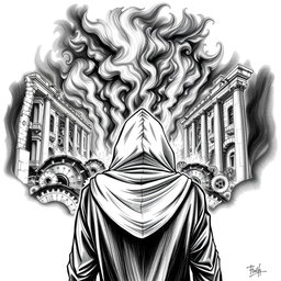 A detailed black and white drawing of a mysterious man in a hooded cloak, gazing solemnly at ancient ruins engulfed in flames