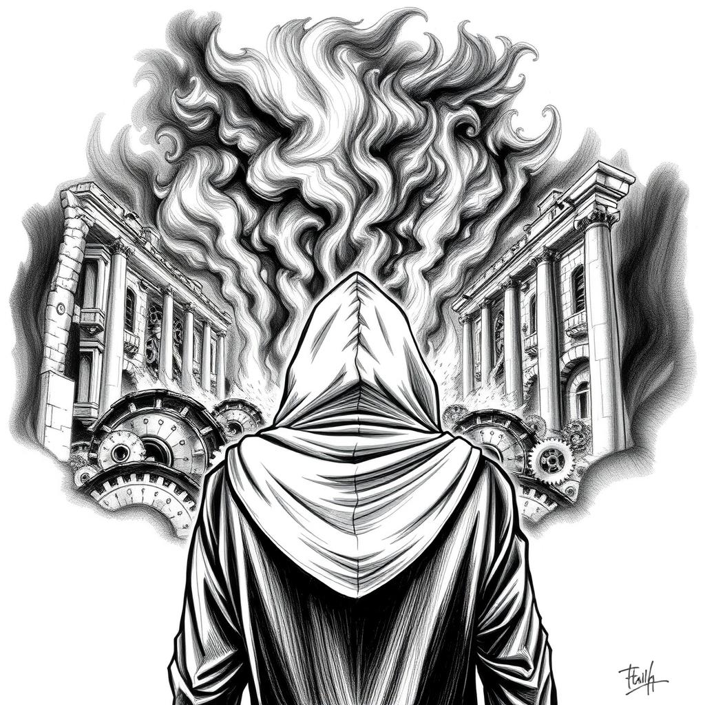 A detailed black and white drawing of a mysterious man in a hooded cloak, gazing solemnly at ancient ruins engulfed in flames