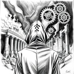 A detailed black and white drawing of a mysterious man in a hooded cloak, gazing solemnly at ancient ruins engulfed in flames
