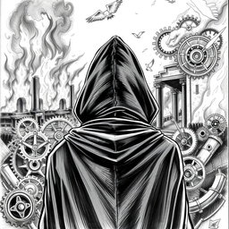 A detailed black and white drawing of a mysterious man in a hooded cloak, gazing solemnly at ancient ruins engulfed in flames