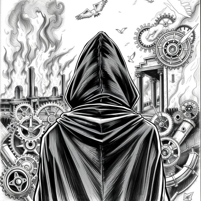 A detailed black and white drawing of a mysterious man in a hooded cloak, gazing solemnly at ancient ruins engulfed in flames