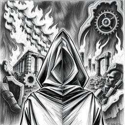 A detailed black and white drawing of a mysterious man in a hooded cloak, gazing solemnly at ancient ruins engulfed in flames