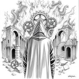 A black and white drawing featuring a man in a hooded cloak, viewed from the back as he gazes at ancient ruins engulfed in flames