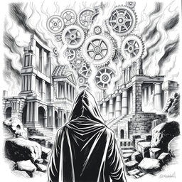 A black and white drawing featuring a man in a hooded cloak, viewed from the back as he gazes at ancient ruins engulfed in flames