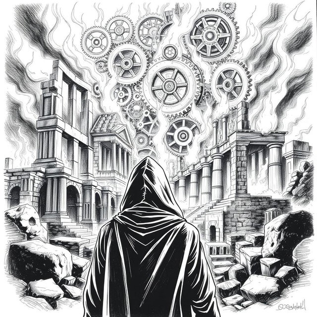 A black and white drawing featuring a man in a hooded cloak, viewed from the back as he gazes at ancient ruins engulfed in flames