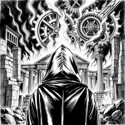A black and white drawing featuring a man in a hooded cloak, viewed from the back as he gazes at ancient ruins engulfed in flames