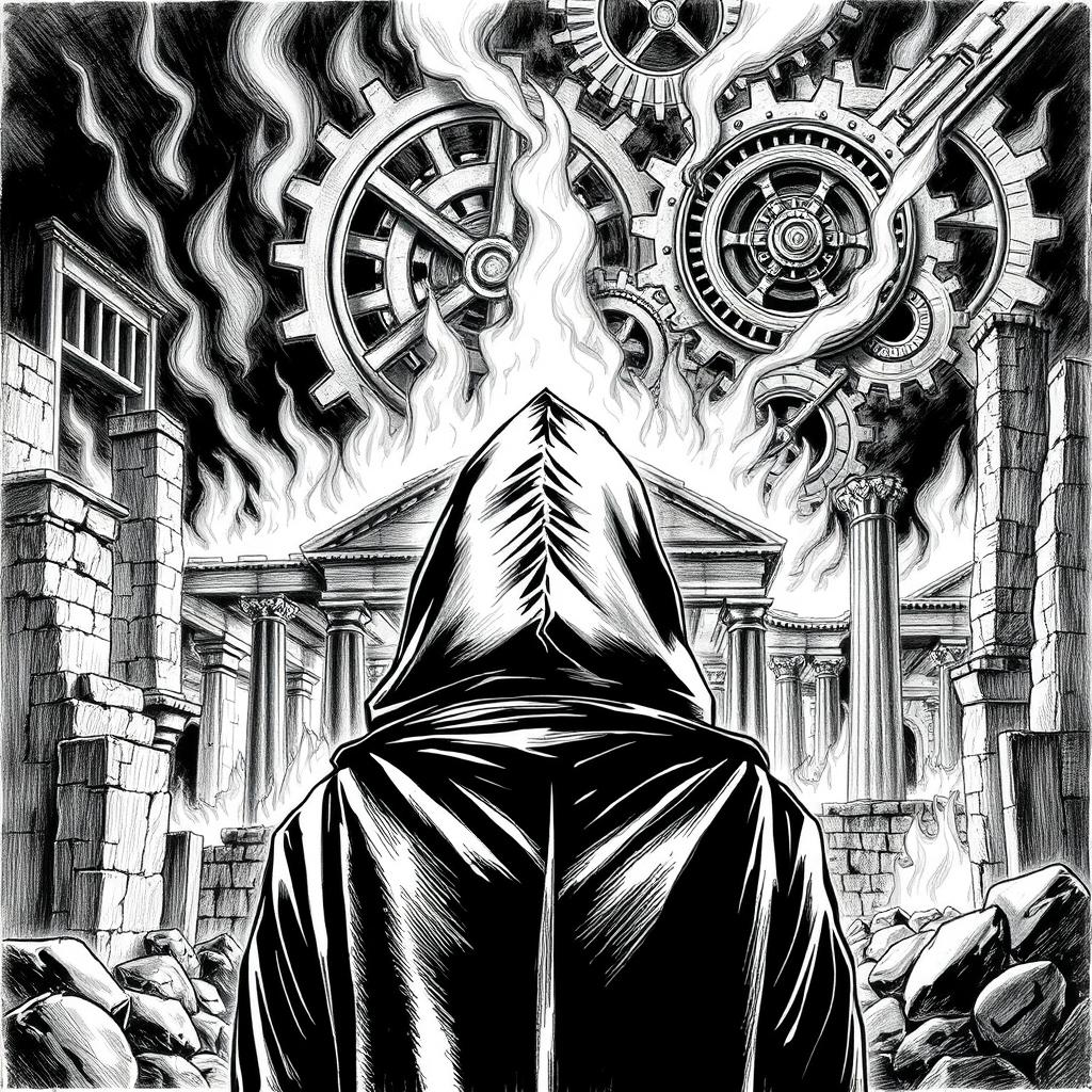 A black and white drawing featuring a man in a hooded cloak, viewed from the back as he gazes at ancient ruins engulfed in flames
