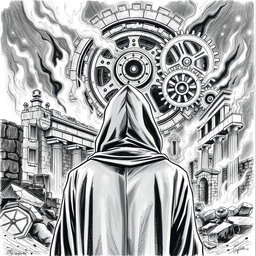 A black and white drawing featuring a man in a hooded cloak, viewed from the back as he gazes at ancient ruins engulfed in flames