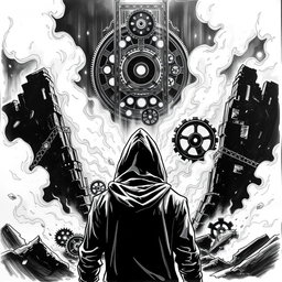 A black and white drawing of a man wearing a hood, standing with his back facing the viewer, gazing at charred ruins engulfed in flames