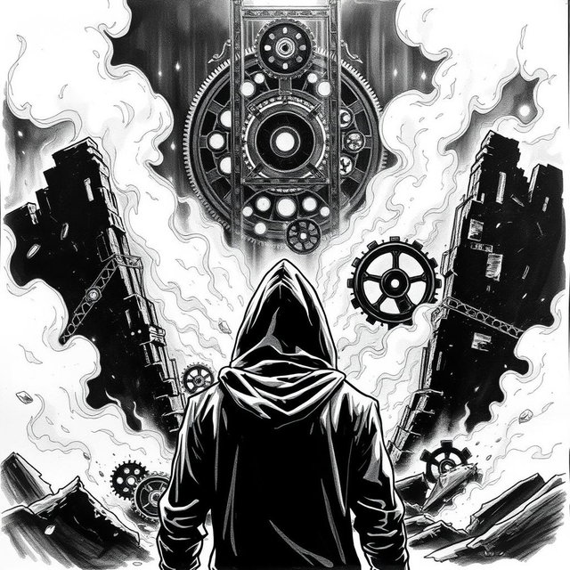A black and white drawing of a man wearing a hood, standing with his back facing the viewer, gazing at charred ruins engulfed in flames
