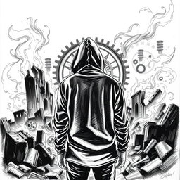 A black and white drawing of a man wearing a hood, standing with his back facing the viewer, gazing at charred ruins engulfed in flames