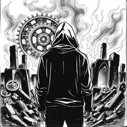 A black and white drawing of a man wearing a hood, standing with his back facing the viewer, gazing at charred ruins engulfed in flames