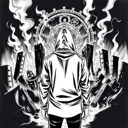 A black and white drawing of a man wearing a hood, standing with his back facing the viewer, gazing at charred ruins engulfed in flames