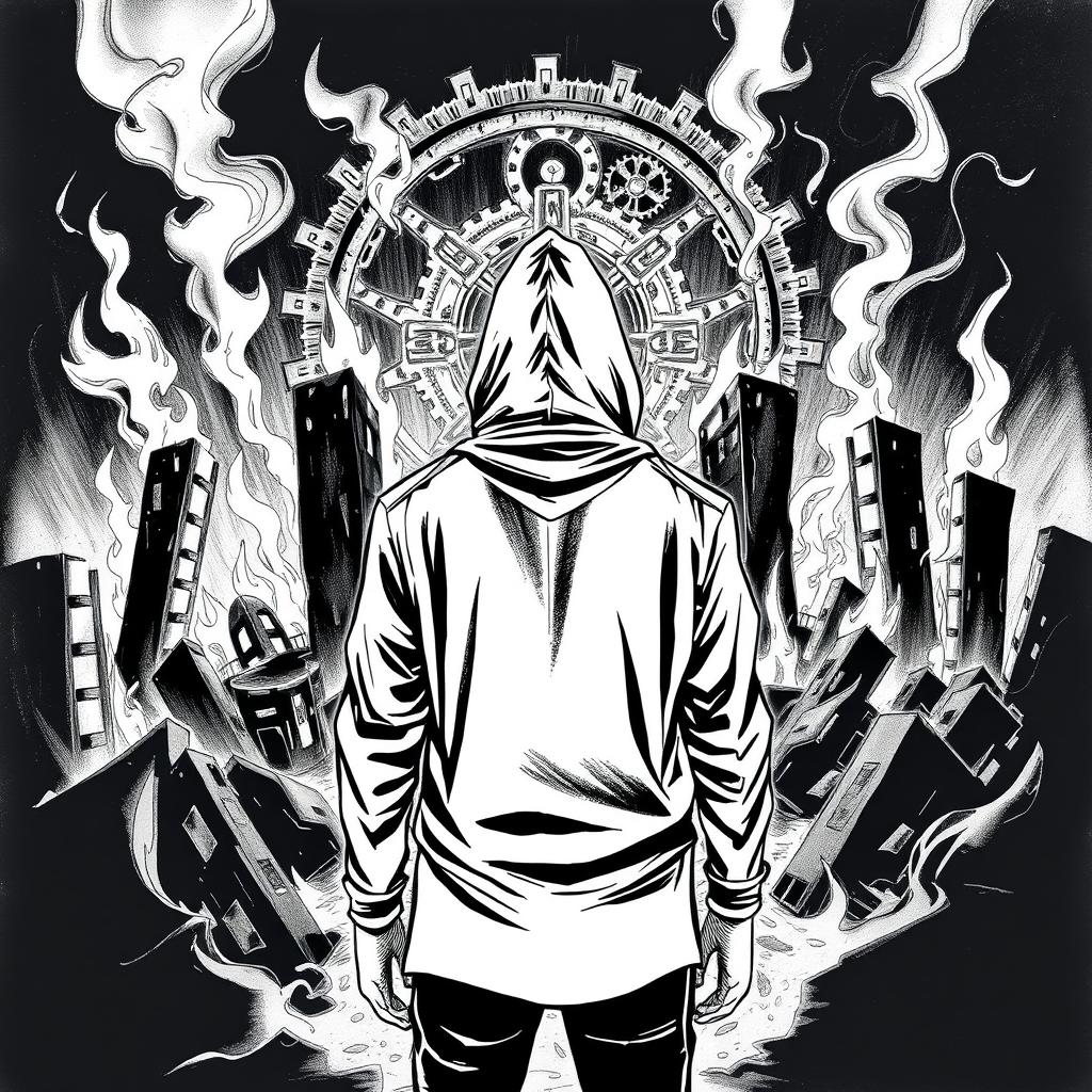 A black and white drawing of a man wearing a hood, standing with his back facing the viewer, gazing at charred ruins engulfed in flames