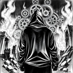 A dramatic black and white drawing of a man in a hood standing with his back towards the viewer, gazing at ancient ruins engulfed in flames