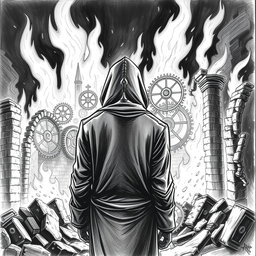A dramatic black and white drawing of a man in a hood standing with his back towards the viewer, gazing at ancient ruins engulfed in flames