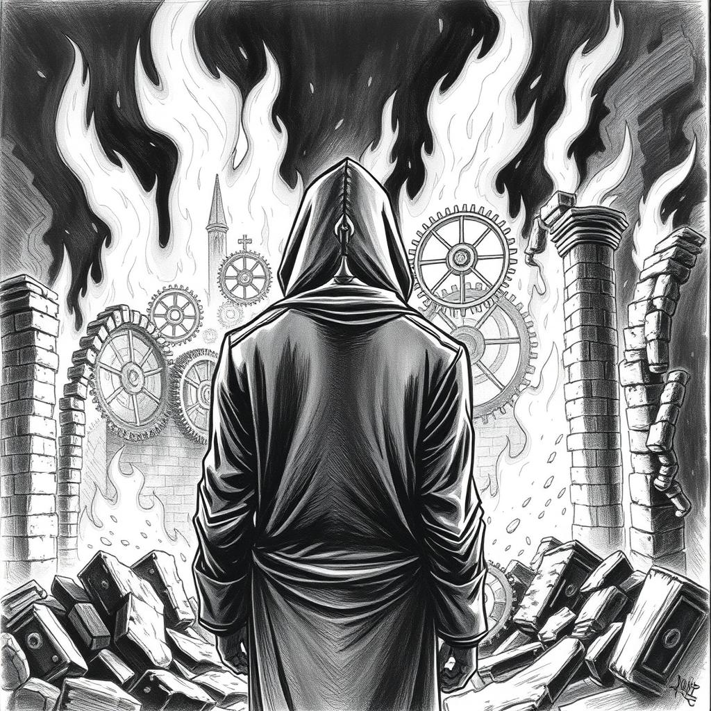 A dramatic black and white drawing of a man in a hood standing with his back towards the viewer, gazing at ancient ruins engulfed in flames