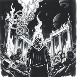 A dramatic black and white drawing of a man in a hood standing with his back towards the viewer, gazing at ancient ruins engulfed in flames
