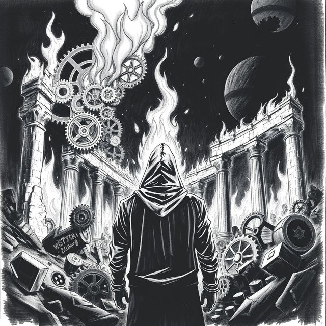 A dramatic black and white drawing of a man in a hood standing with his back towards the viewer, gazing at ancient ruins engulfed in flames