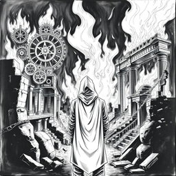 A dramatic black and white drawing of a man in a hood standing with his back towards the viewer, gazing at ancient ruins engulfed in flames