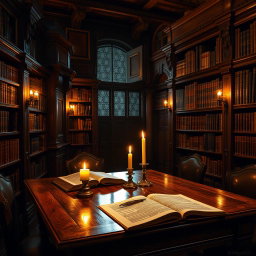 A beautifully crafted wooden table in a vintage dark library, surrounded by shelves filled with ancient books