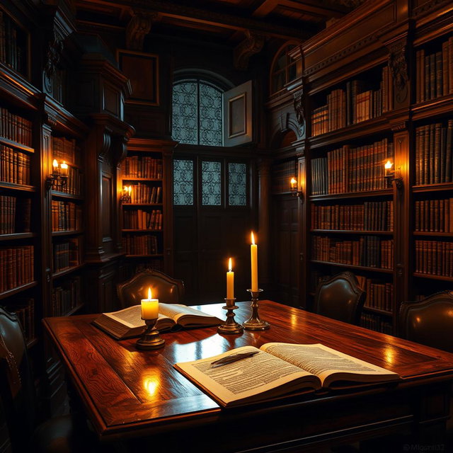 A beautifully crafted wooden table in a vintage dark library, surrounded by shelves filled with ancient books