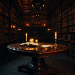A beautifully crafted wooden table in a vintage dark library, surrounded by shelves filled with ancient books