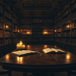A beautifully crafted wooden table in a vintage dark library, surrounded by shelves filled with ancient books