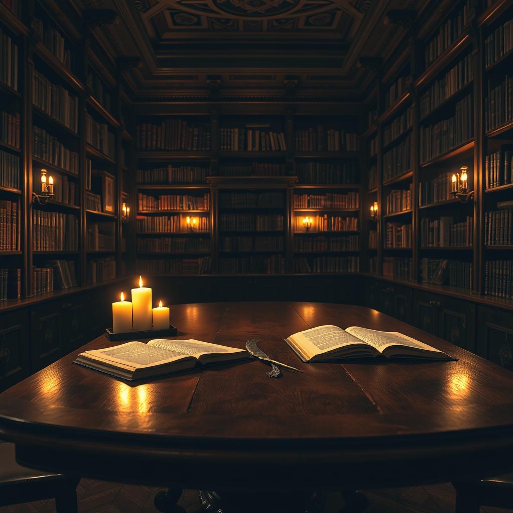 A beautifully crafted wooden table in a vintage dark library, surrounded by shelves filled with ancient books