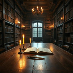 A beautifully crafted wooden table in a vintage dark library, surrounded by shelves filled with ancient books