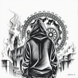 A black and white drawing depicting a man in a hood standing with his back to the viewer, gazing at city ruins engulfed in flames