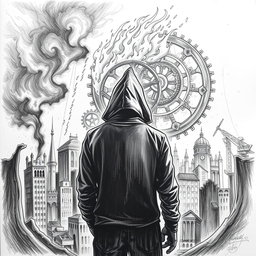 A black and white drawing depicting a man in a hood standing with his back to the viewer, gazing at city ruins engulfed in flames