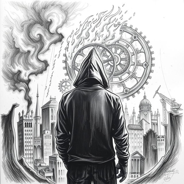 A black and white drawing depicting a man in a hood standing with his back to the viewer, gazing at city ruins engulfed in flames